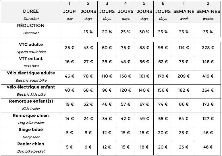 Tableau tarif FR EN